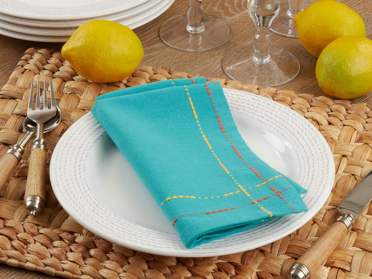 Fennco Styles Dobby Border Woven Cotton Cloth Napkins 18" W x 18" L, Set of 4 - Turquoise Dinner Napkins for Dining Table Décor, Family Gathering, Banquets, and Special Events - Che Cose Belle