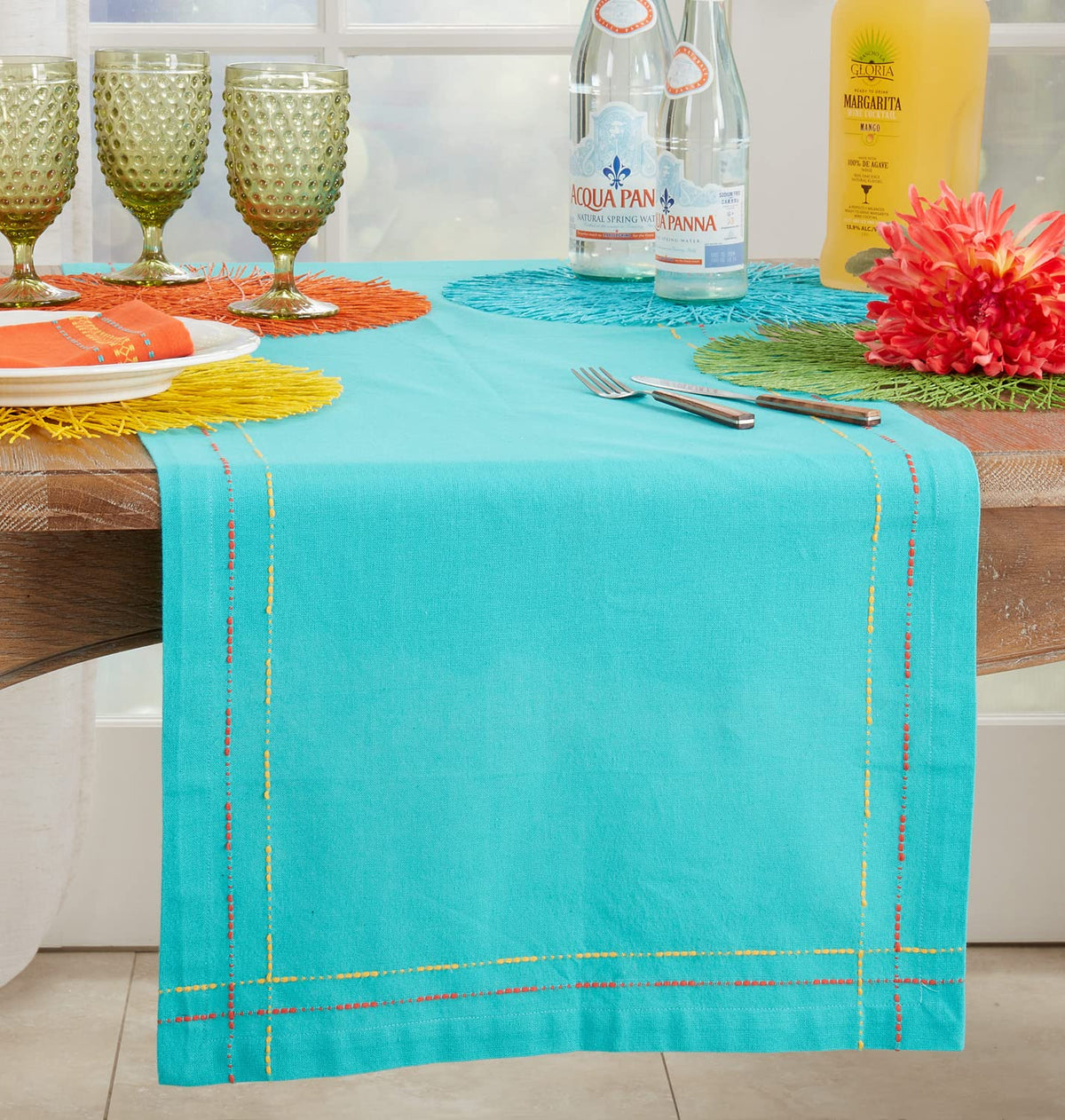 Fennco Styles Dobby Border Woven Cotton Cloth Napkins 18" W x 18" L, Set of 4 - Turquoise Dinner Napkins for Dining Table Décor, Family Gathering, Banquets, and Special Events - Che Cose Belle
