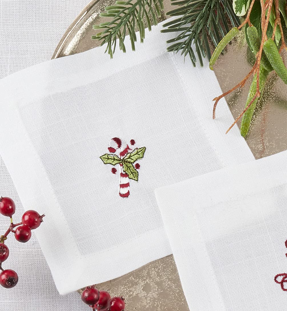 Fennco Styles Embroidered Christmas Cocktail Napkins 6" W x 6" L, Set of 4 - White Cloth Coasters for Dining Table, Family Gatherings, Holidays, Banquets & Home Décor - Che Cose Belle