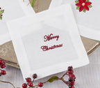 Fennco Styles Embroidered Christmas Cocktail Napkins 6" W x 6" L, Set of 4 - White Cloth Coasters for Dining Table, Family Gatherings, Holidays, Banquets & Home Décor - Che Cose Belle