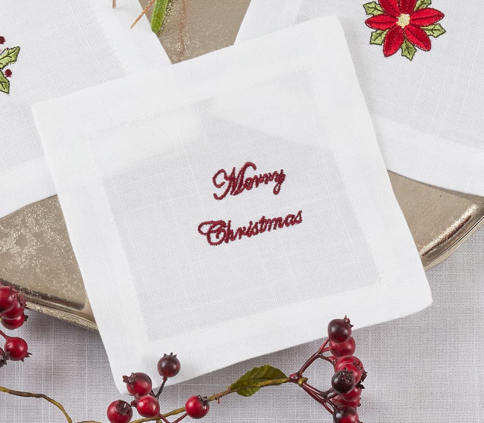 Fennco Styles Embroidered Christmas Cocktail Napkins 6" W x 6" L, Set of 4 - White Cloth Coasters for Dining Table, Family Gatherings, Holidays, Banquets & Home Décor - Che Cose Belle