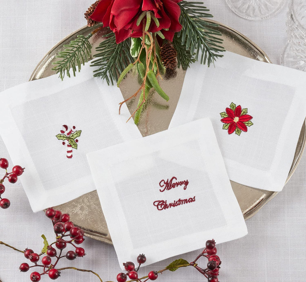 Fennco Styles Embroidered Christmas Cocktail Napkins 6" W x 6" L, Set of 4 - White Cloth Coasters for Dining Table, Family Gatherings, Holidays, Banquets & Home Décor - Che Cose Belle