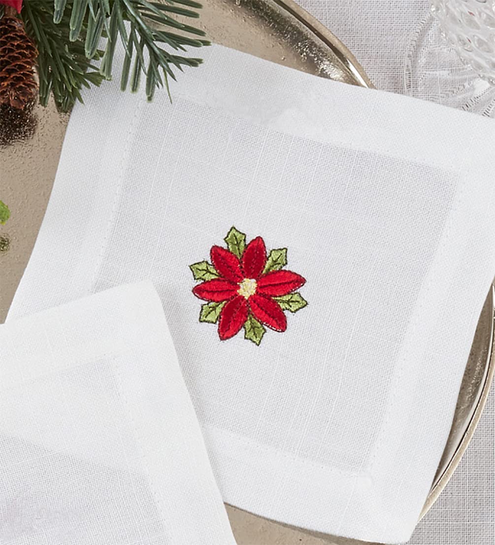 Fennco Styles Embroidered Christmas Cocktail Napkins 6" W x 6" L, Set of 4 - White Cloth Coasters for Dining Table, Family Gatherings, Holidays, Banquets & Home Décor - Che Cose Belle