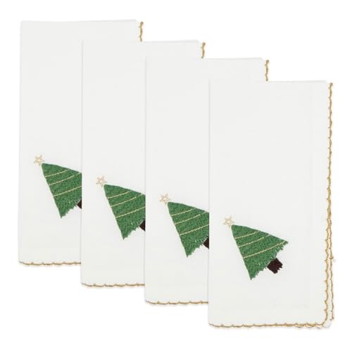 Fennco Styles Embroidered Holiday Wreath Whip Stitch Cloth Napkins 18" W x 18" L, Set of 4 - White Cotton Dinner Napkins for Winter Festivals, Christmas, Banquets, and Special Events - Che Cose Belle