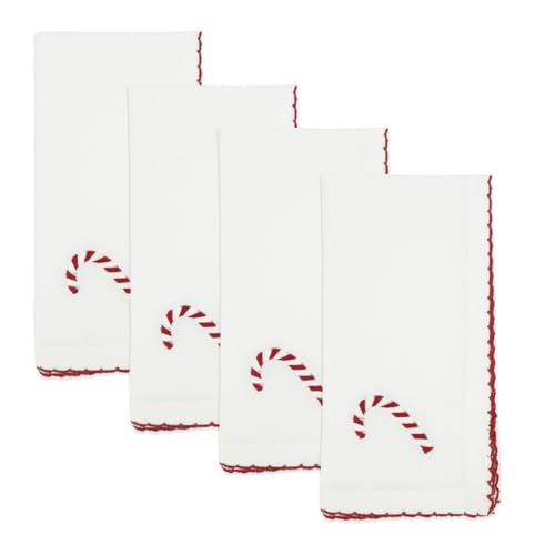 Fennco Styles Embroidered Holiday Wreath Whip Stitch Cloth Napkins 18" W x 18" L, Set of 4 - White Cotton Dinner Napkins for Winter Festivals, Christmas, Banquets, and Special Events - Che Cose Belle