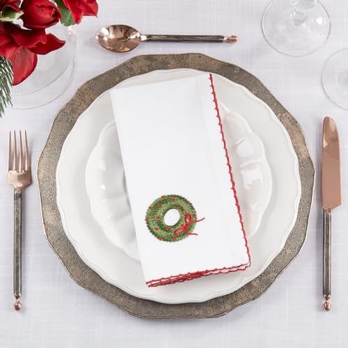 Fennco Styles Embroidered Holiday Wreath Whip Stitch Cloth Napkins 18" W x 18" L, Set of 4 - White Cotton Dinner Napkins for Winter Festivals, Christmas, Banquets, and Special Events - Che Cose Belle