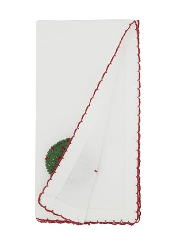 Fennco Styles Embroidered Holiday Wreath Whip Stitch Cloth Napkins 18" W x 18" L, Set of 4 - White Cotton Dinner Napkins for Winter Festivals, Christmas, Banquets, and Special Events - Che Cose Belle