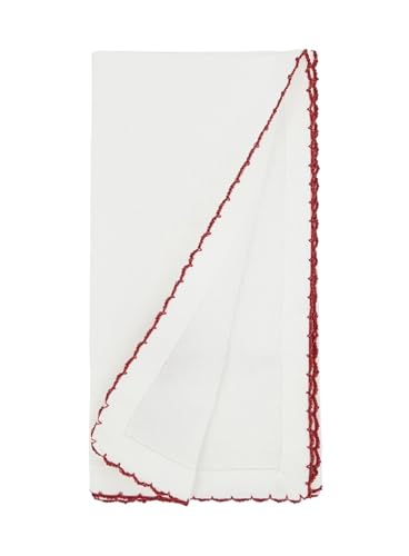 Fennco Styles Embroidered Holiday Wreath Whip Stitch Cloth Napkins 18" W x 18" L, Set of 4 - White Cotton Dinner Napkins for Winter Festivals, Christmas, Banquets, and Special Events - Che Cose Belle