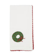 Fennco Styles Embroidered Holiday Wreath Whip Stitch Cloth Napkins 18" W x 18" L, Set of 4 - White Cotton Dinner Napkins for Winter Festivals, Christmas, Banquets, and Special Events - Che Cose Belle