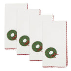 Fennco Styles Embroidered Holiday Wreath Whip Stitch Cloth Napkins 18" W x 18" L, Set of 4 - White Cotton Dinner Napkins for Winter Festivals, Christmas, Banquets, and Special Events - Che Cose Belle