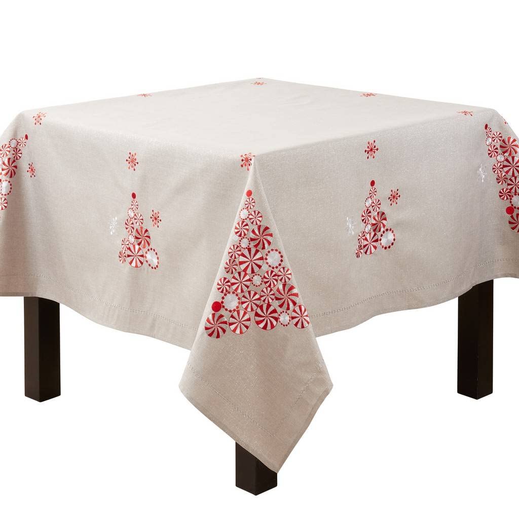 Fennco Styles Embroidered Peppermint Holiday Tablecloth 70" W x 70" L - Silver Festive Table Cover for Christmas, Family Gathering, Banquets and Special Events - Che Cose Belle