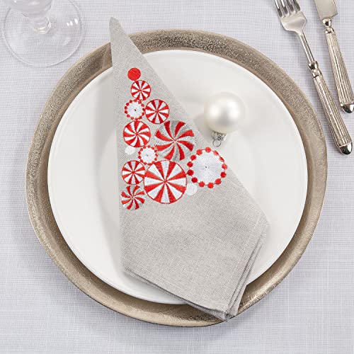 Fennco Styles Embroidered Peppermint Holiday Tablecloth 70" W x 70" L - Silver Festive Table Cover for Christmas, Family Gathering, Banquets and Special Events - Che Cose Belle