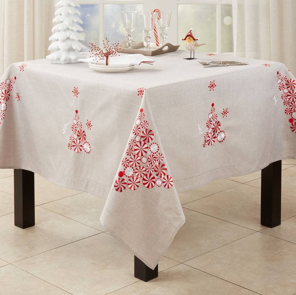 Fennco Styles Embroidered Peppermint Holiday Tablecloth 70" W x 70" L - Silver Festive Table Cover for Christmas, Family Gathering, Banquets and Special Events - Che Cose Belle