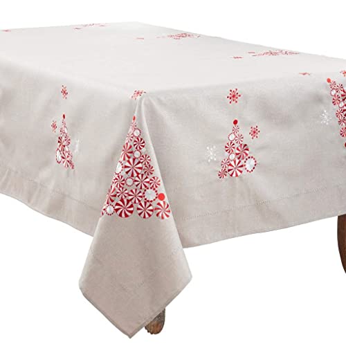 Fennco Styles Embroidered Peppermint Holiday Tablecloth 70" W x 70" L - Silver Festive Table Cover for Christmas, Family Gathering, Banquets and Special Events - Che Cose Belle
