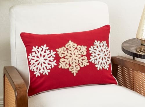 Fennco Styles Embroidered Snowflakes Cotton Throw Pillow Cover 14" W x 20" L - Red Holiday Cushion Case for Christmas, Couch, Bedroom, Living Room and Office Décor - Che Cose Belle