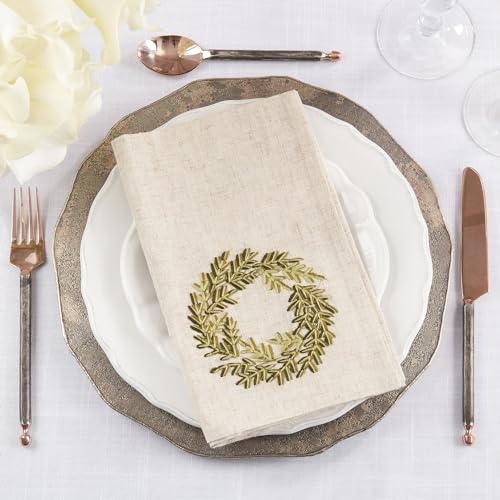 Fennco Styles Embroidered Wreath Christmas Cloth Napkins 20" W x 20" L, Set of 4 - Natural Linen Blend Dinner Napkin for Winter Holidays, Family Gatherings, Banquets, Special Events - Che Cose Belle