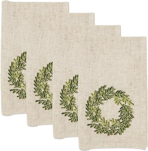 Fennco Styles Embroidered Wreath Christmas Cloth Napkins 20" W x 20" L, Set of 4 - Natural Linen Blend Dinner Napkin for Winter Holidays, Family Gatherings, Banquets, Special Events - Che Cose Belle