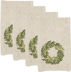 Fennco Styles Embroidered Wreath Christmas Cloth Napkins 20" W x 20" L, Set of 4 - Natural Linen Blend Dinner Napkin for Winter Holidays, Family Gatherings, Banquets, Special Events - Che Cose Belle