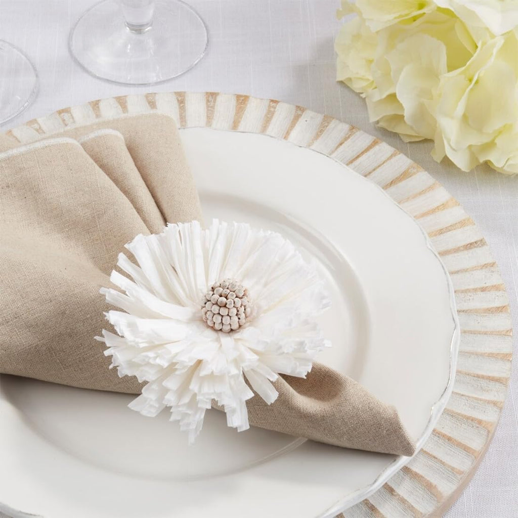 Fennco Styles Handmade Raffia Flower Decorative Napkin Rings, Set of 4 - White Rustic Floral Napkin Holders for Dining Table, Banquet, Spring and Summer Décor and Special Events - Che Cose Belle