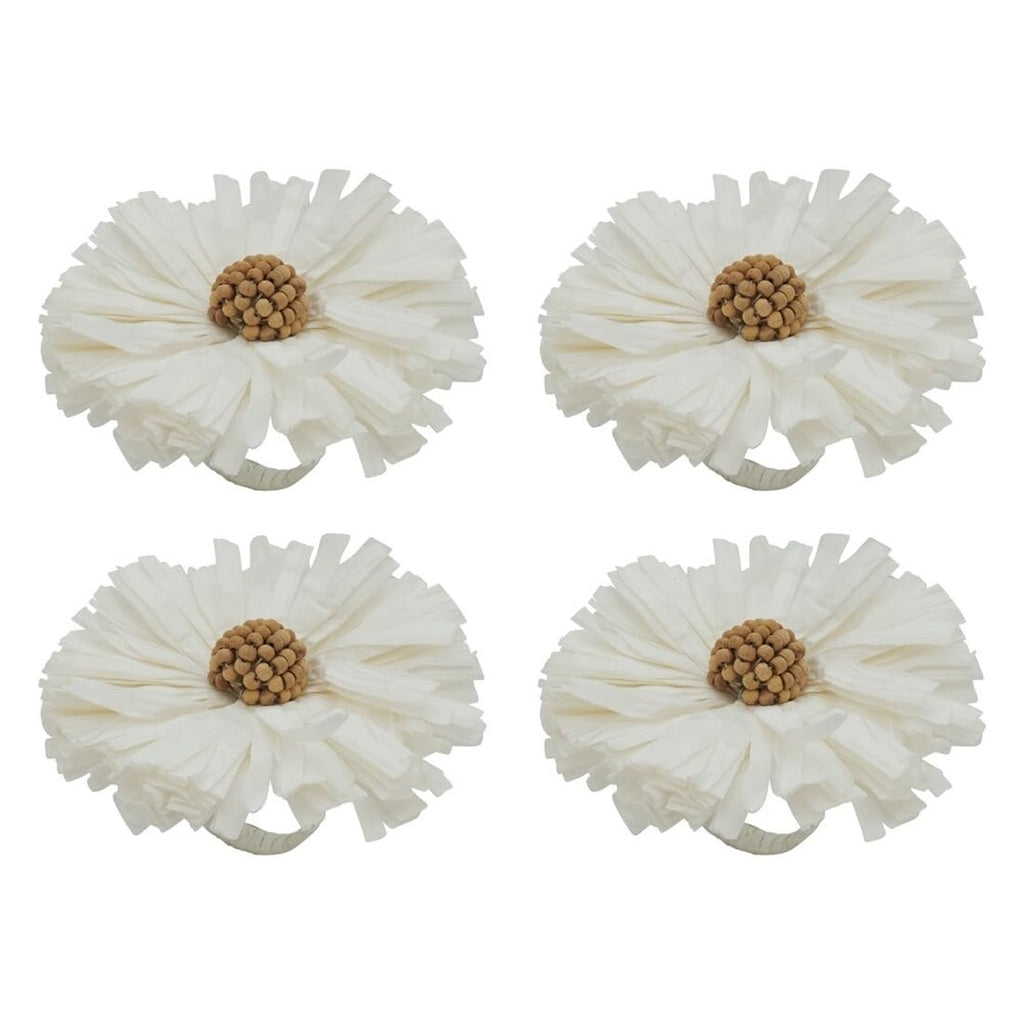 Fennco Styles Handmade Raffia Flower Decorative Napkin Rings, Set of 4 - White Rustic Floral Napkin Holders for Dining Table, Banquet, Spring and Summer Décor and Special Events - Che Cose Belle
