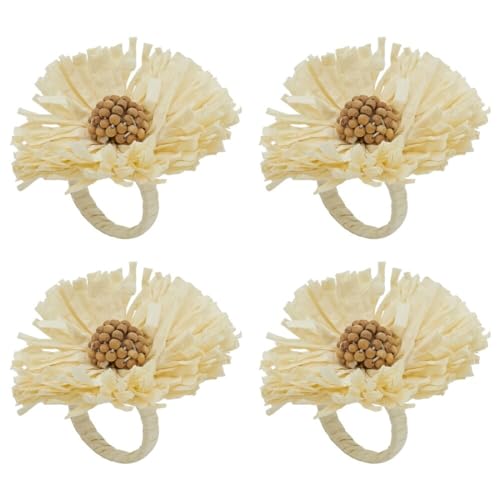 Fennco Styles Handmade Raffia Flower Decorative Napkin Rings, Set of 4 - White Rustic Floral Napkin Holders for Dining Table, Banquet, Spring and Summer Décor and Special Events - Che Cose Belle