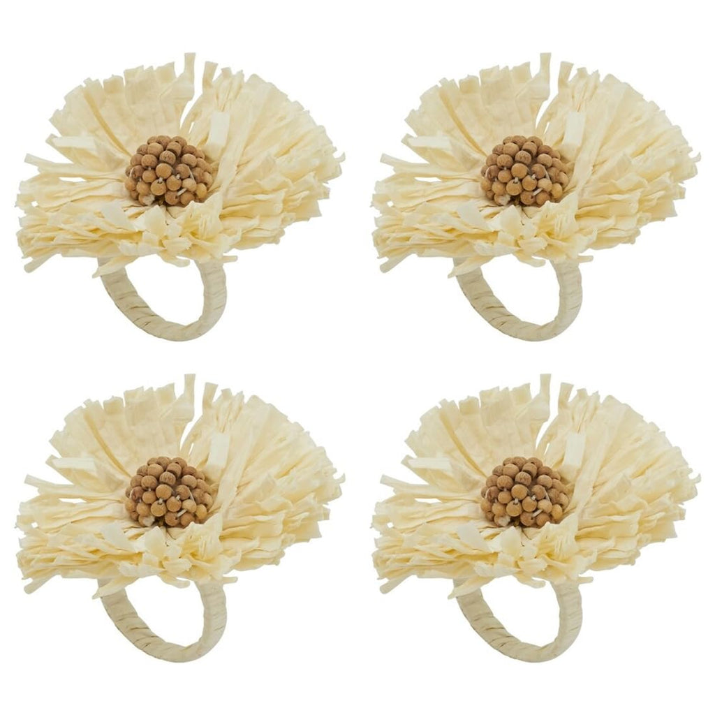 Fennco Styles Handmade Raffia Flower Decorative Napkin Rings, Set of 4 - White Rustic Floral Napkin Holders for Dining Table, Banquet, Spring and Summer Décor and Special Events - Che Cose Belle