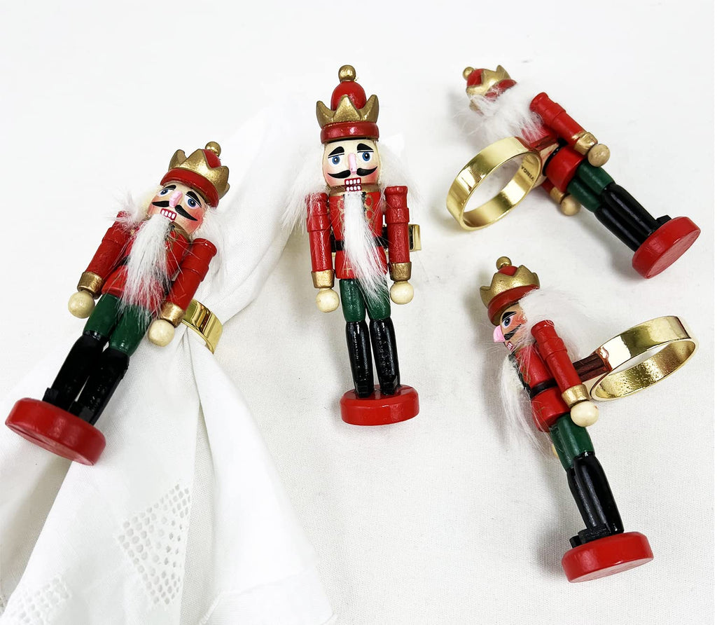 Fennco Styles Handmade Wooden Nutcracker Decorative Napkin Rings, Set of 4 - Festive Soldier Napkin Holders for Dining Table, Christmas, Holidays Décor and Special Occasions - Che Cose Belle