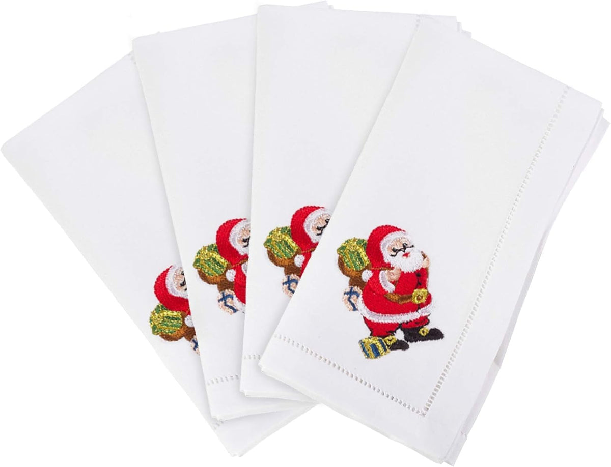Fennco Styles Linen Cotton Hemstitched and Embroidered Santa Claus Christmas Cloth Napkins, 20-inch Square, Set of 4 - Che Cose Belle