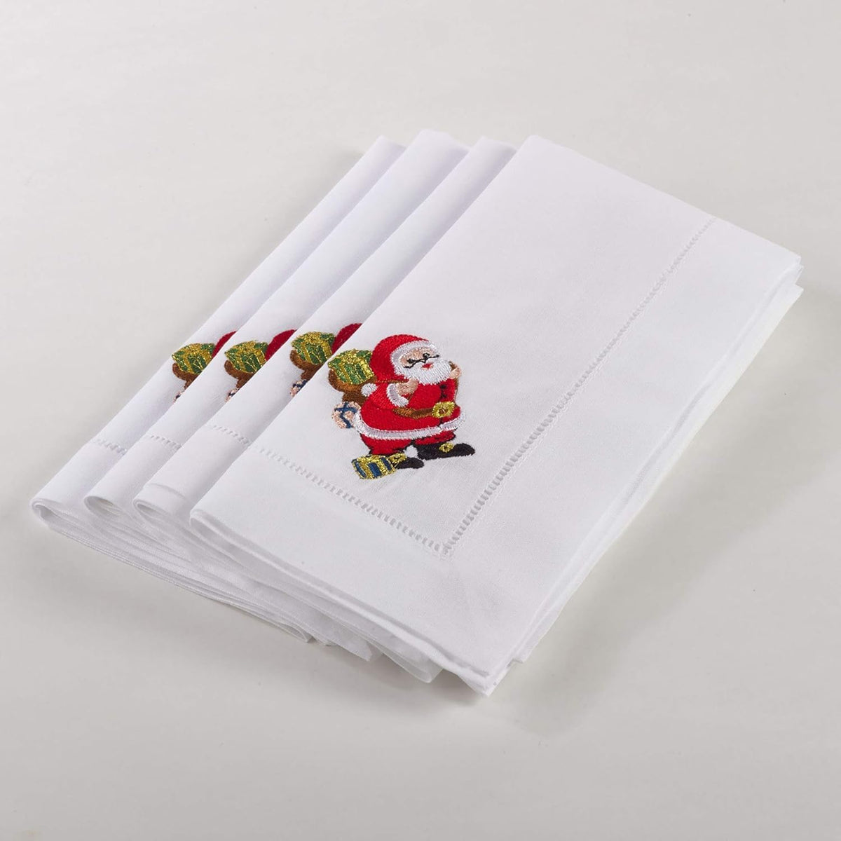 Fennco Styles Linen Cotton Hemstitched and Embroidered Santa Claus Christmas Cloth Napkins, 20-inch Square, Set of 4 - Che Cose Belle