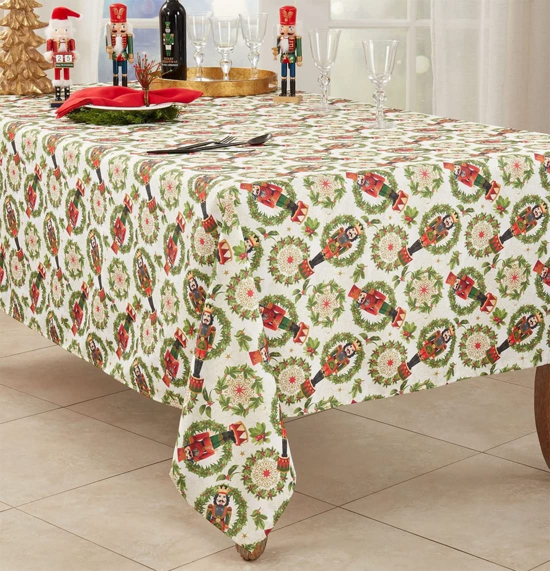 Fennco Styles Nutcracker Holiday Tablecloth 65" W X 84" L - Red & Green Solider Print Festive Table Cover for Christmas Décor, Dining Room, Banquet, Family Gathering and Special Events - Che Cose Belle