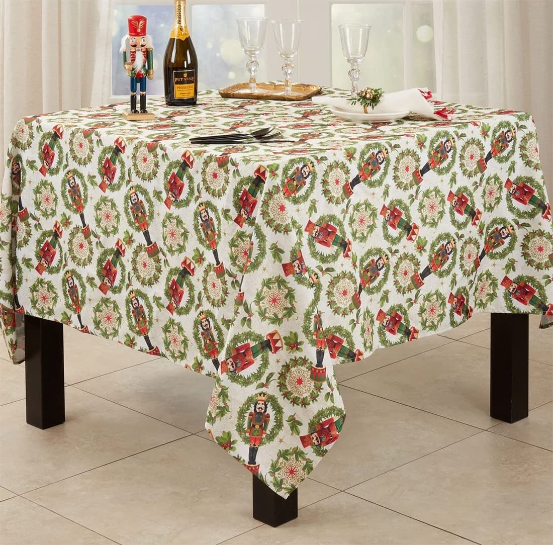 Fennco Styles Nutcracker Holiday Tablecloth 65" W X 84" L - Red & Green Solider Print Festive Table Cover for Christmas Décor, Dining Room, Banquet, Family Gathering and Special Events - Che Cose Belle