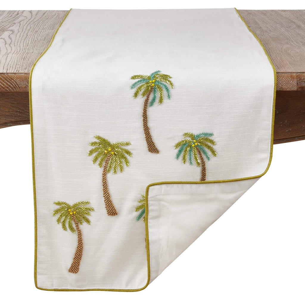Fennco Styles Raquel Collection Beaded Palm Trees 100% Pure Cotton 16 x 72 Inch Table Runner – White Table Runner for Indoor Party, Family Gathering, Beach House and Home Décor - Che Cose Belle