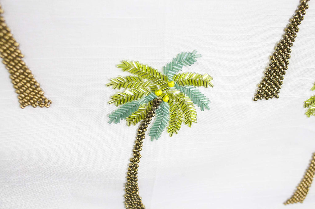 Fennco Styles Raquel Collection Beaded Palm Trees 100% Pure Cotton 16 x 72 Inch Table Runner – White Table Runner for Indoor Party, Family Gathering, Beach House and Home Décor - Che Cose Belle