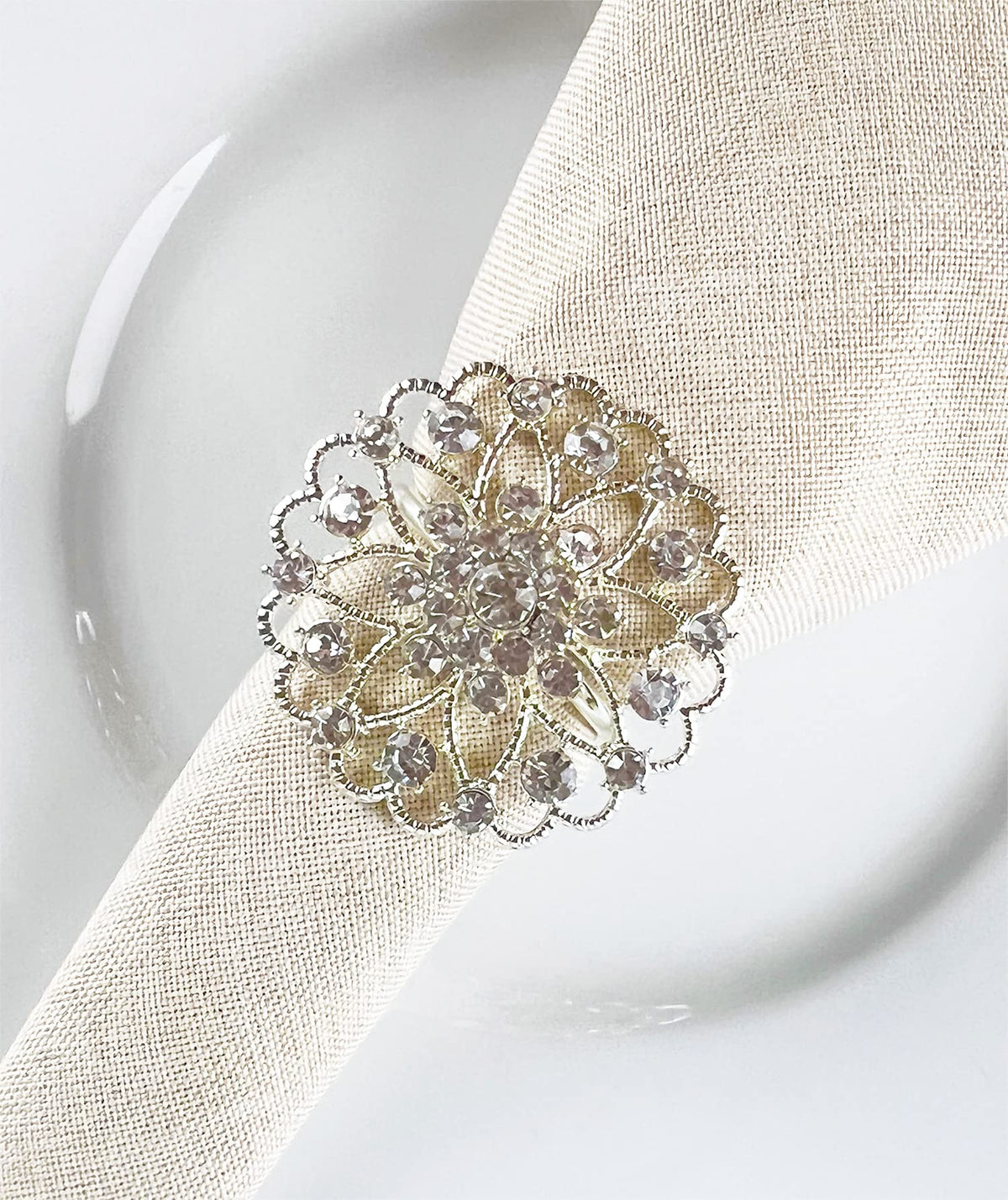Fennco Styles Rhinestone Crystal Flower Napkin Rings Wedding Holiday Table Decoration - Set of 4 - Che Cose Belle