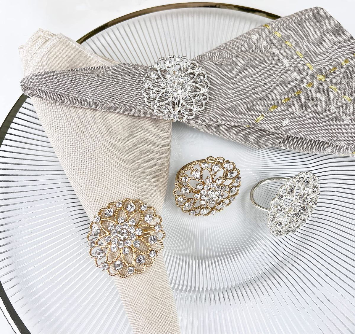 Fennco Styles Rhinestone Crystal Flower Napkin Rings Wedding Holiday Table Decoration - Set of 4 - Che Cose Belle