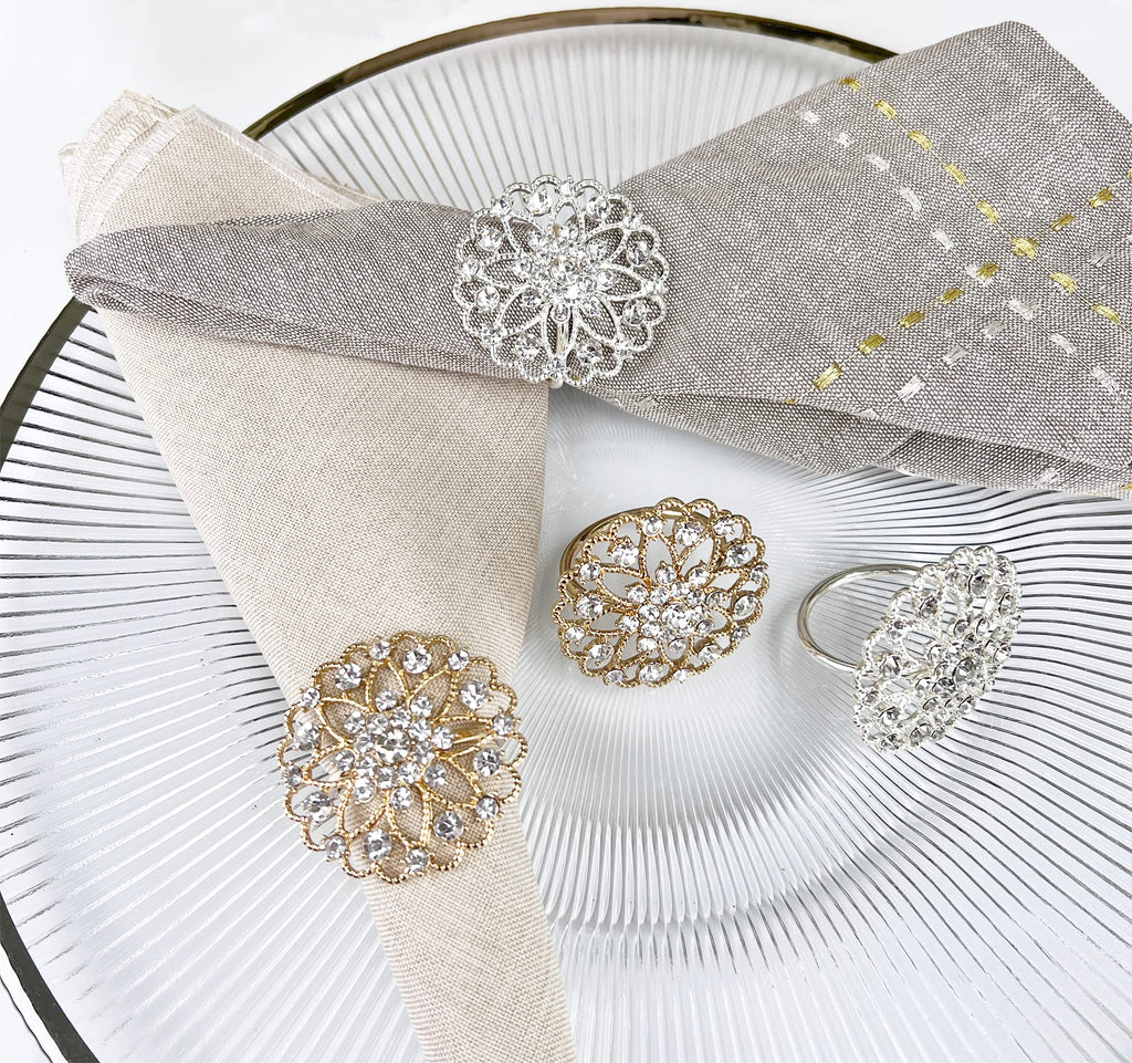 Fennco Styles Rhinestone Crystal Flower Napkin Rings Wedding Holiday Table Decoration - Set of 4 - Che Cose Belle