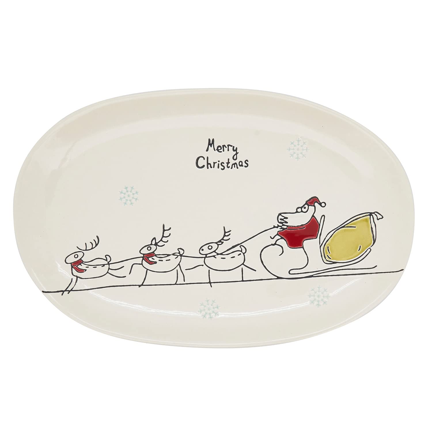 Fennco Styles Santa's Sleigh Stoneware Oval Serving Platter 12" x 7" - White Serving Tray Dishwasher Microwave Safe for Christmas Décor, Kitchen, Family Gathering and Special Occasion - Che Cose Belle