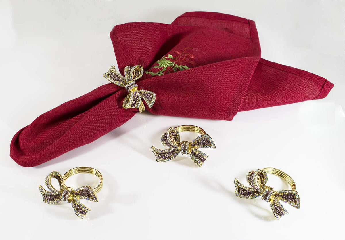 Fennco Styles Stunning Crystal Bowknot Gold-Plated Napkin Rings Wedding Holiday Table Decoration - Set of 4 - Che Cose Belle