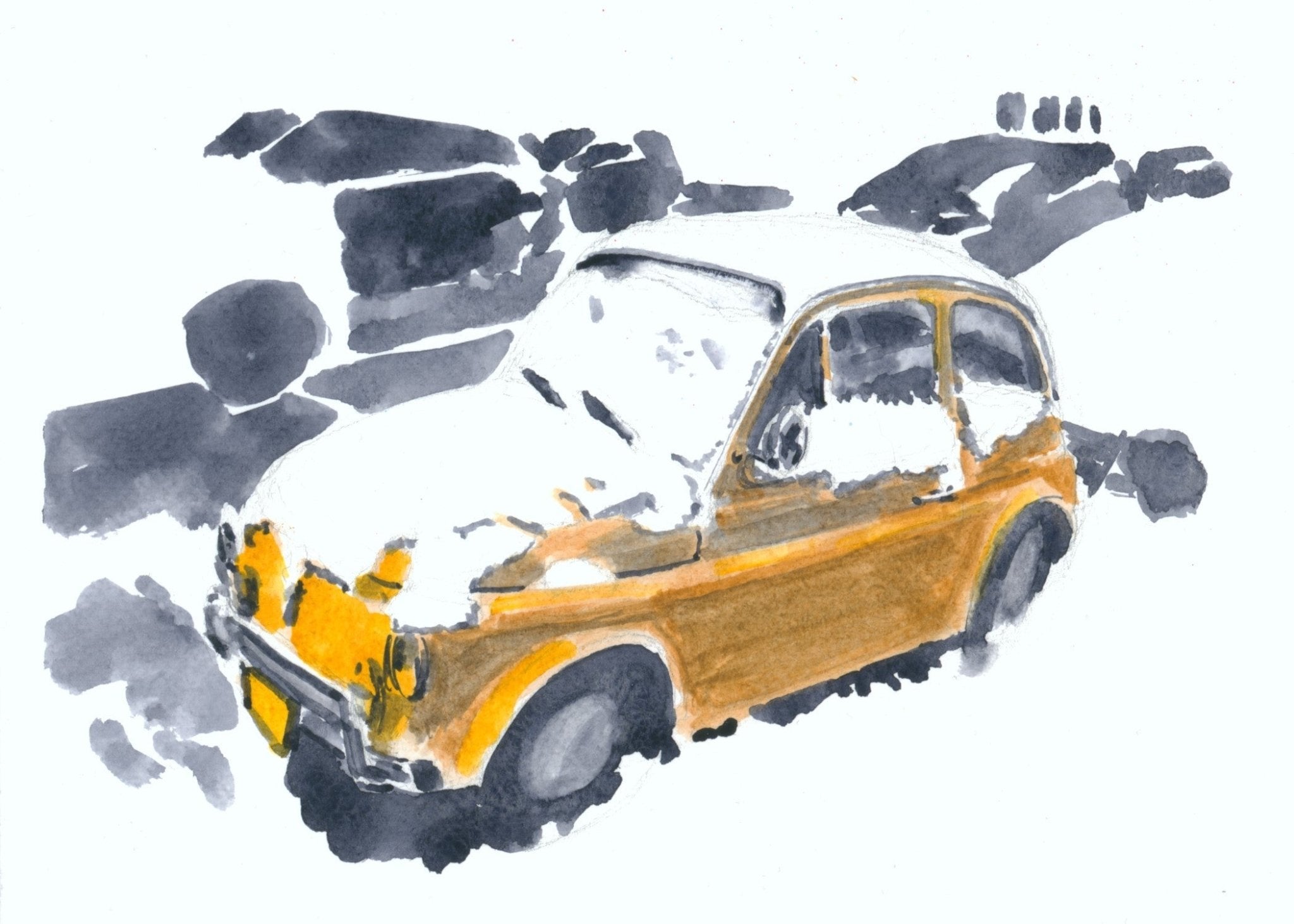 Fiat 500 in the Snow, NYC, watercolor painting - Che Cose Belle