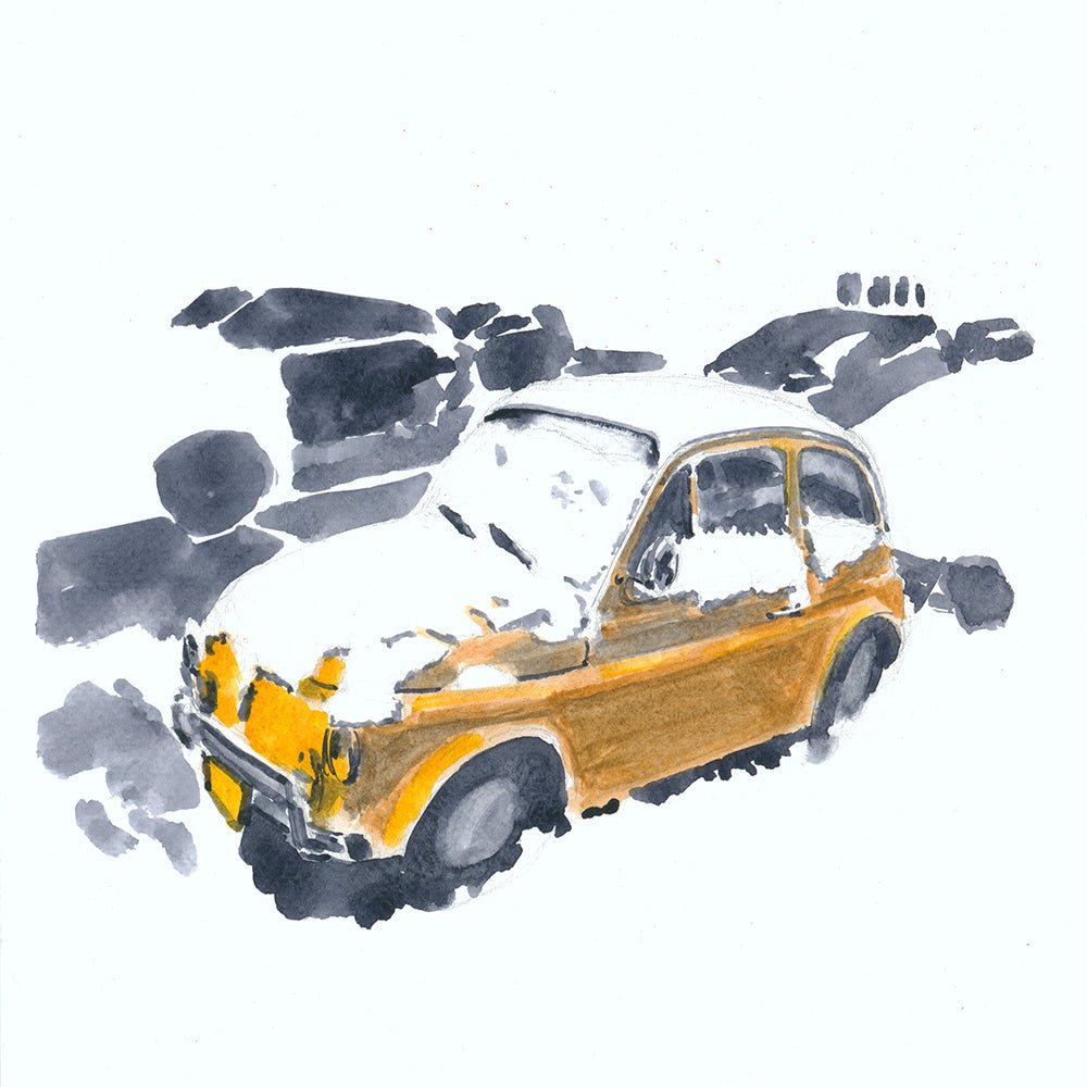 Fiat 500 in the Snow, NYC, watercolor painting - Che Cose Belle