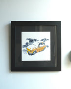 Fiat 500 in the Snow, NYC, watercolor painting - Che Cose Belle