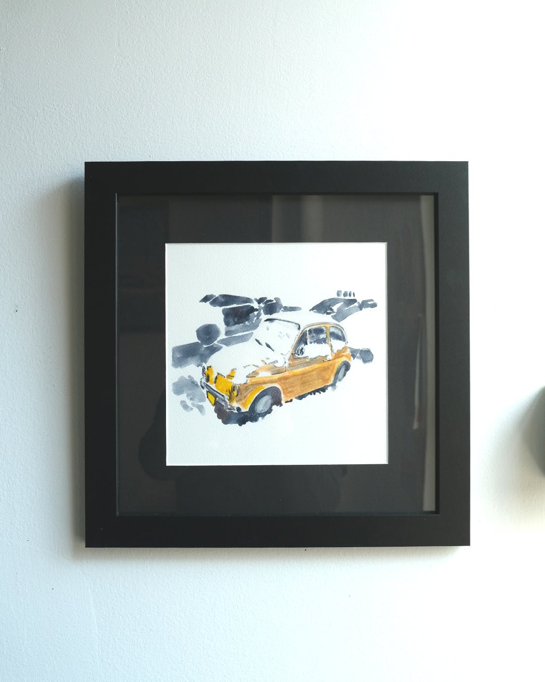 Fiat 500 in the Snow, NYC, watercolor painting - Che Cose Belle