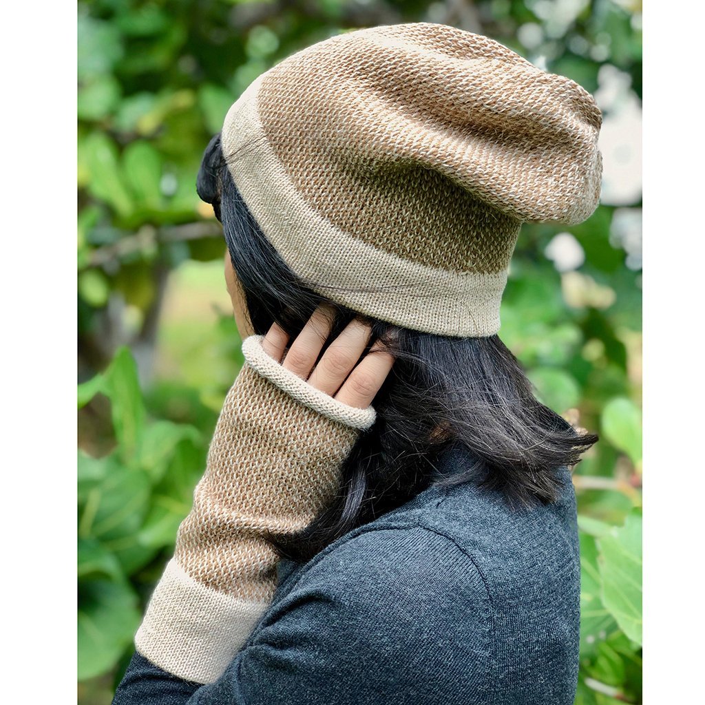 Fingerless Alpaca Gloves Camel Interwoven Long Wrist Warmers With Thumb Slit