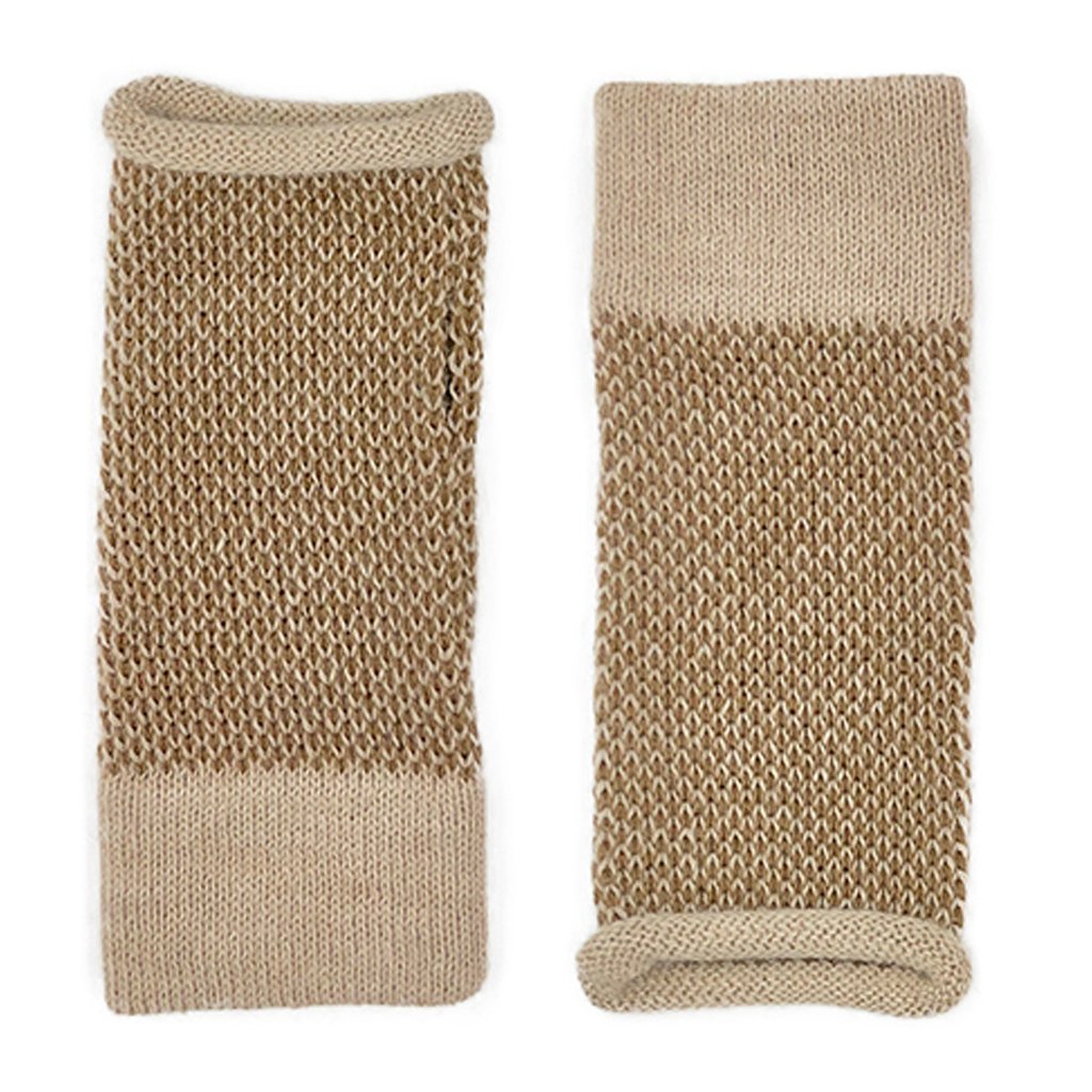 Fingerless Alpaca Gloves Camel Interwoven Long Wrist Warmers With Thumb Slit