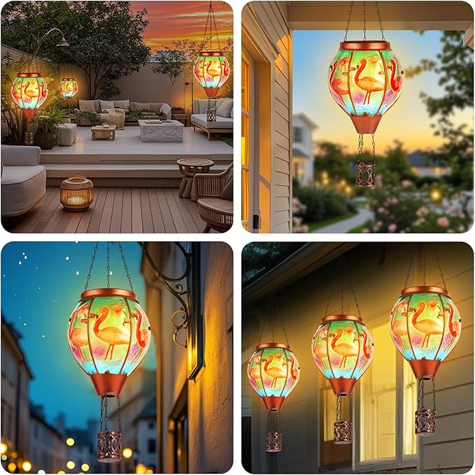 Flamingo Solar Hot Air Balloon Lantern,Outdoor Decor with Flame Lights Waterproof, Hanging for Garden Yard Lawn Patio, Unique Gifts for Women Mom Grandma Gardener for Mother'Day Christmas - Che Cose Belle
