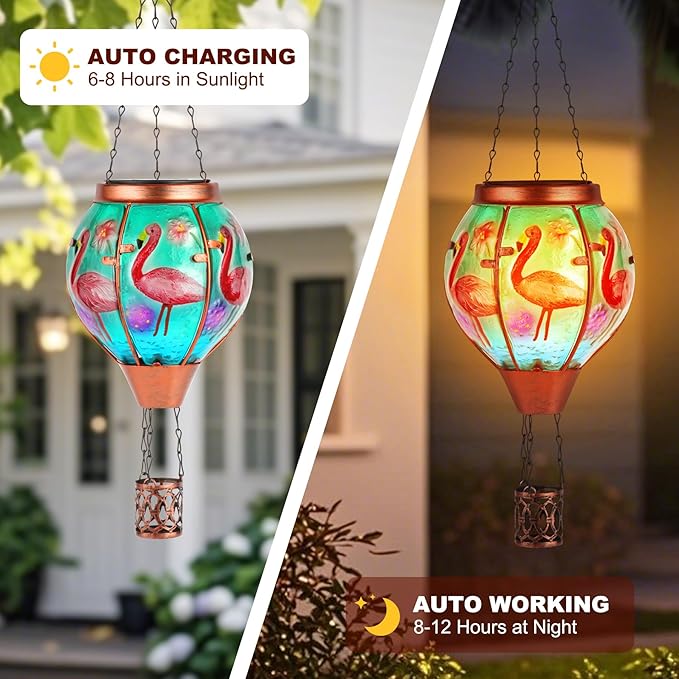 Flamingo Solar Hot Air Balloon Lantern,Outdoor Decor with Flame Lights Waterproof, Hanging for Garden Yard Lawn Patio, Unique Gifts for Women Mom Grandma Gardener for Mother'Day Christmas - Che Cose Belle