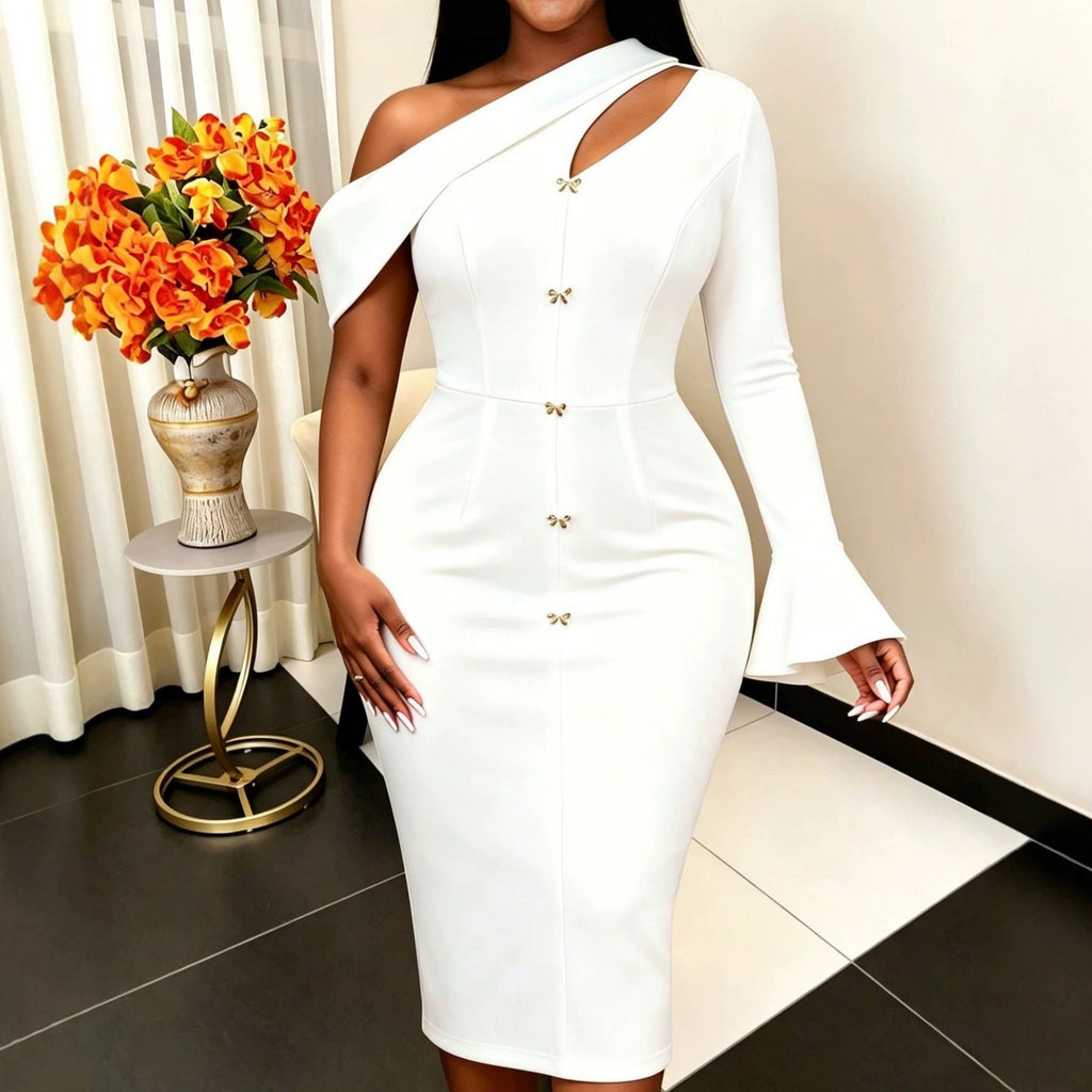 Flared Sleeves Hip Dress Irregular Asymmetric Hollow Out Cutout out Slim Fit Elegant Cocktail Evening Dress - Che Cose Belle