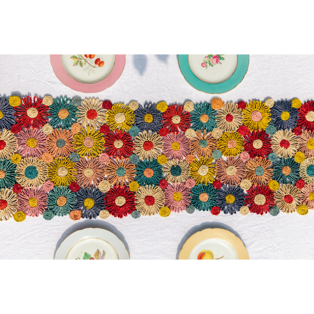 Fleur Raffia Flower Table Runner, Multicolor Flowers Woven Tabletop - Che Cose Belle