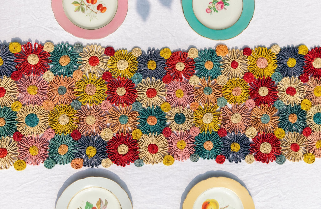 Fleur Raffia Flower Table Runner, Multicolor Flowers Woven Tabletop - Che Cose Belle