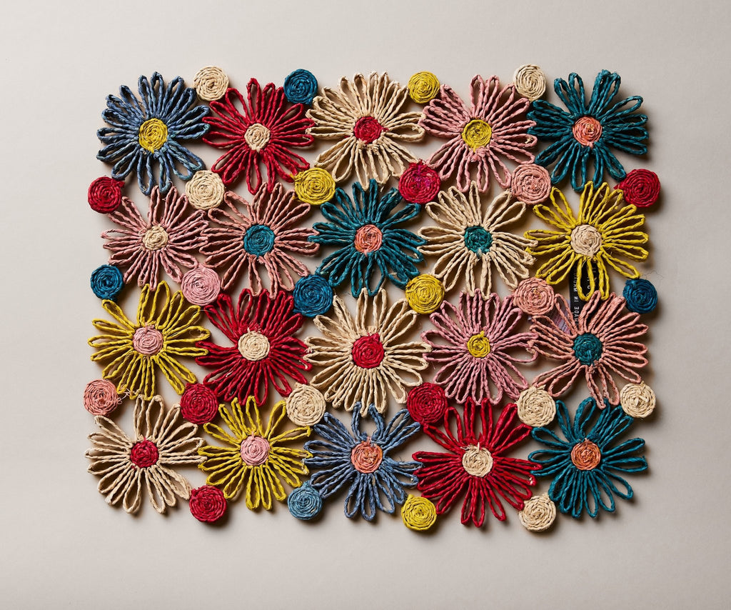 Fleur Raffia placemat, Multicolor Flowers woven tabletop - Che Cose Belle